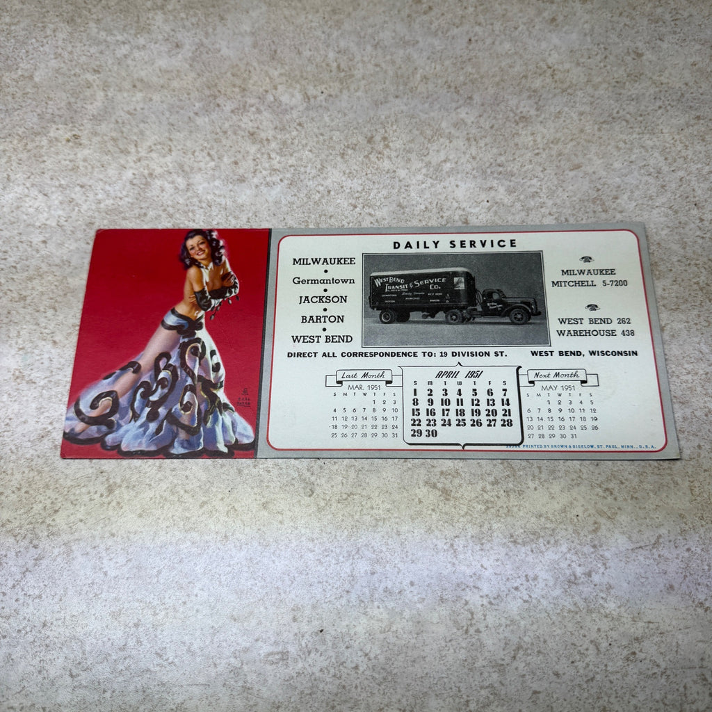 Vintage West Bend Transit Pinup Girl Ink Blotter Advertising 1951 Germantown WIs
