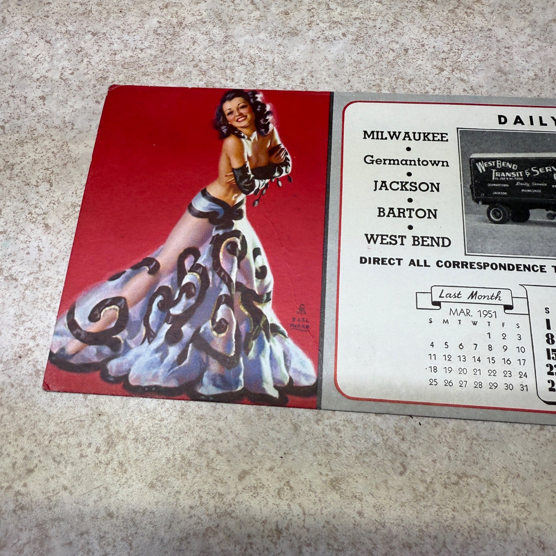 Vintage West Bend Transit Pinup Girl Ink Blotter Advertising 1951 Germantown WIs