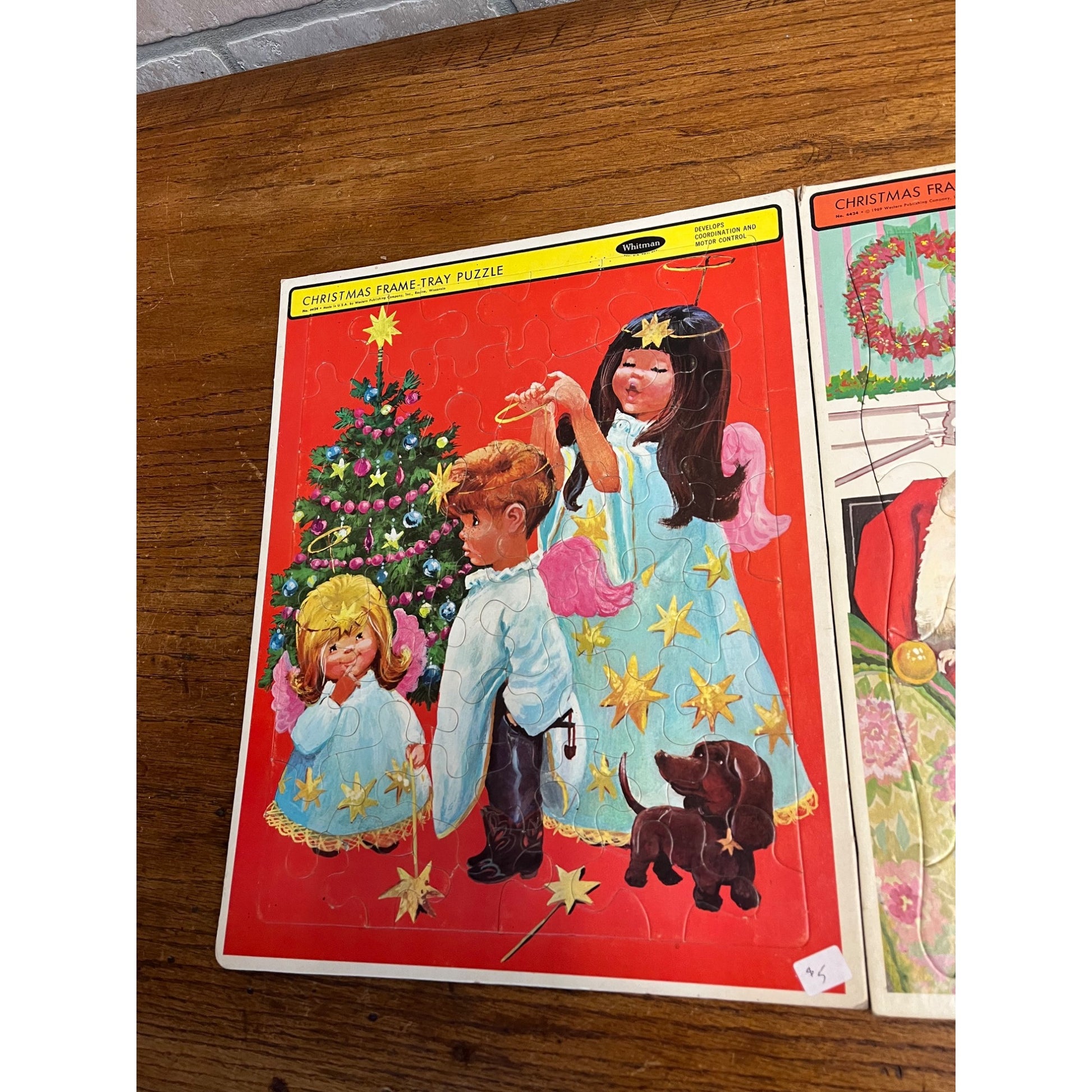Vintage Whitman Christmas Frame Tray Puzzle Santa Angel Kids Dog No. 4424