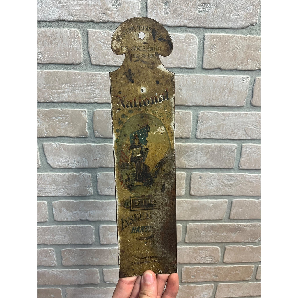 Antique Tin Litho National Fire Insurance Co. Hartford CT Sign Lady Liberty Eagle