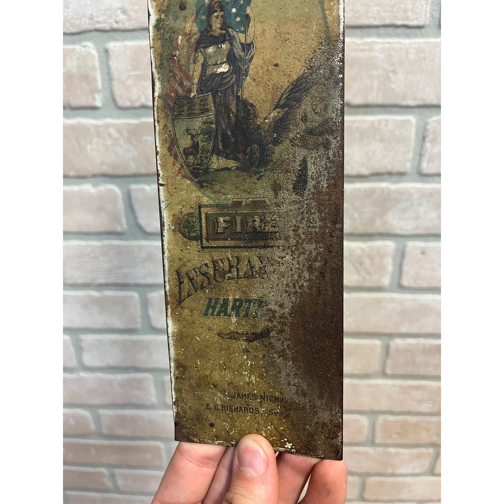 Antique Tin Litho National Fire Insurance Co. Hartford CT Sign Lady Liberty Eagle