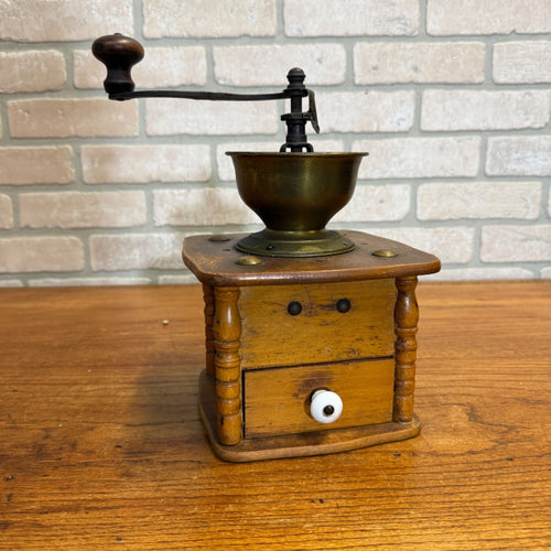 Antique Primitive Coffee Grinder 1800s Wooden & Brass Orante Brass Accents