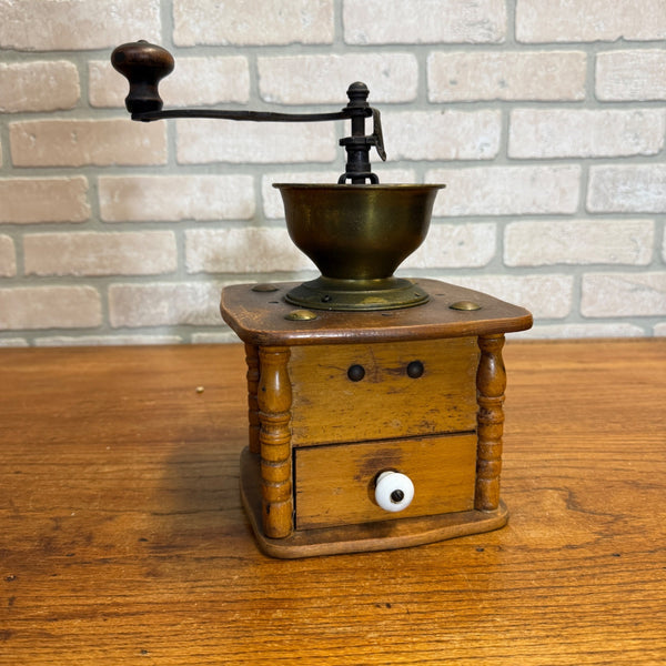 Antique Primitive Coffee Grinder 1800s Wooden & Brass Orante Brass Accents