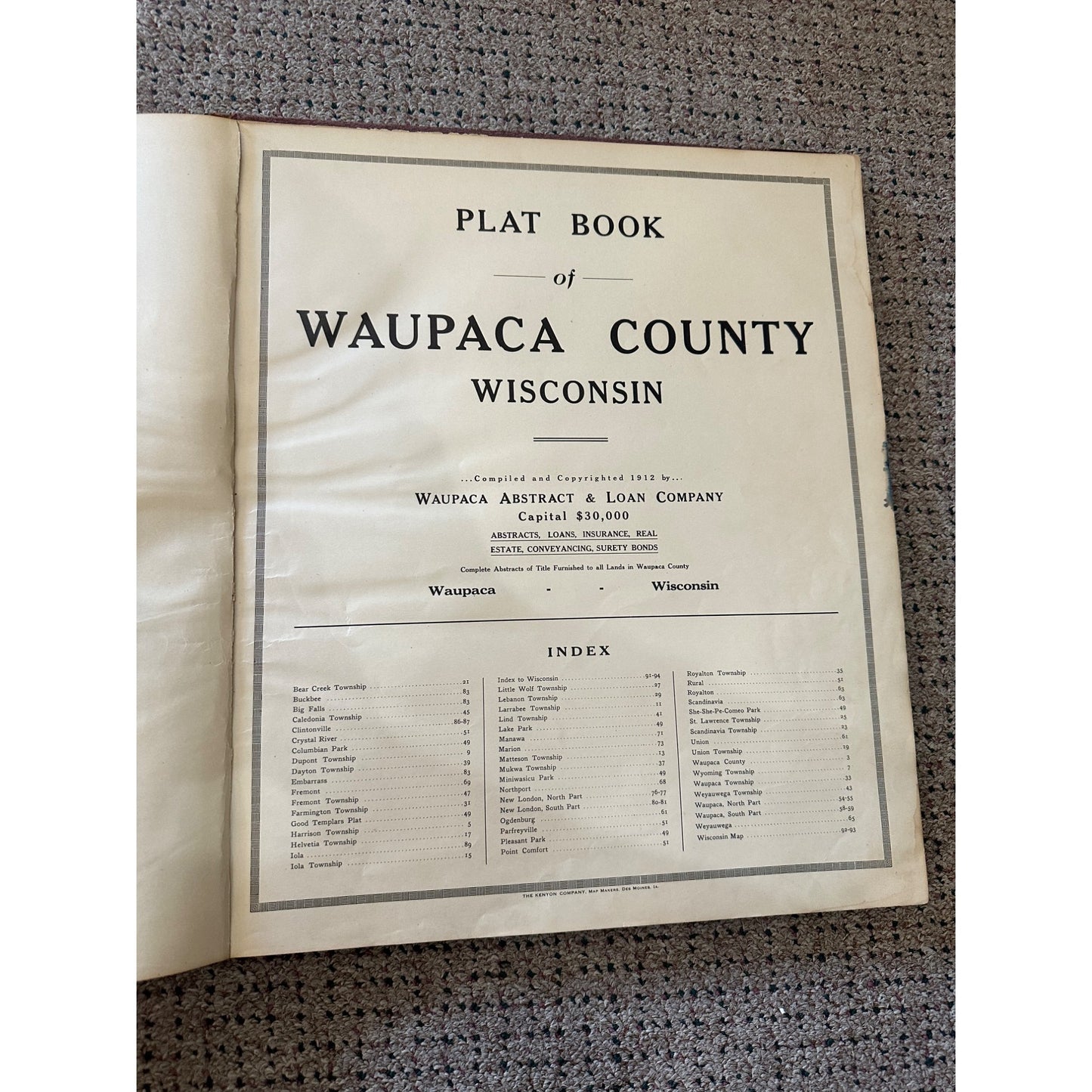 1912 Waupaca County Wisconin Plat Map History Book large Complete