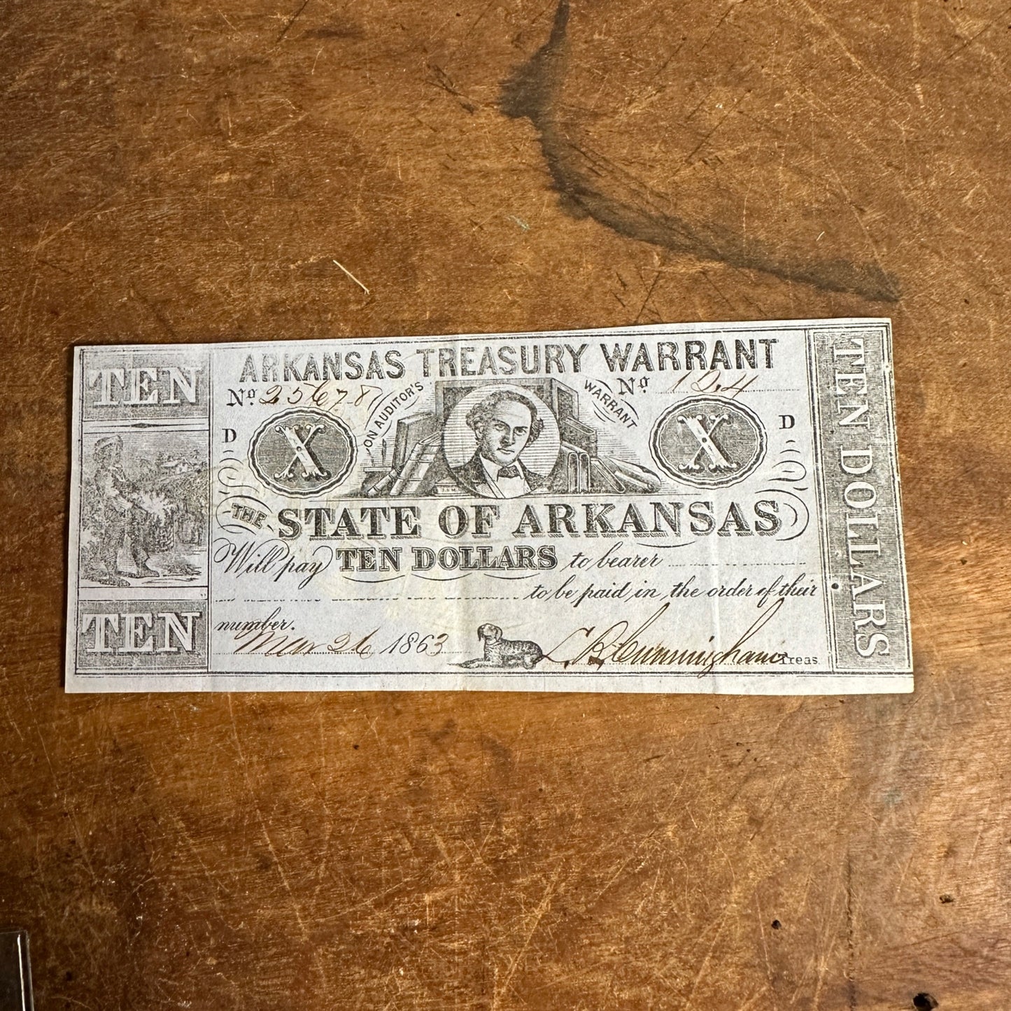 1863  $10 ARKANSAS TREASURY WARRANT CIVIL WAR ERA TEN DOLLARS FINE