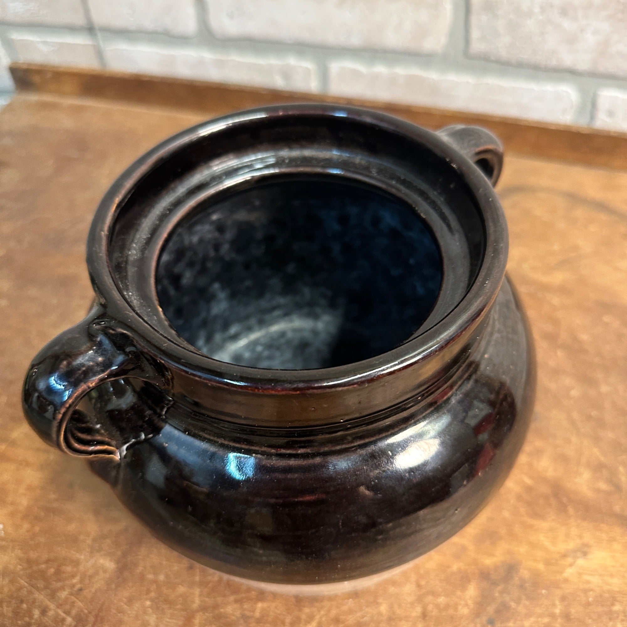 Antique Two-Tone Black Dark Brown Bean Pot Stoneware Pottery No Lid