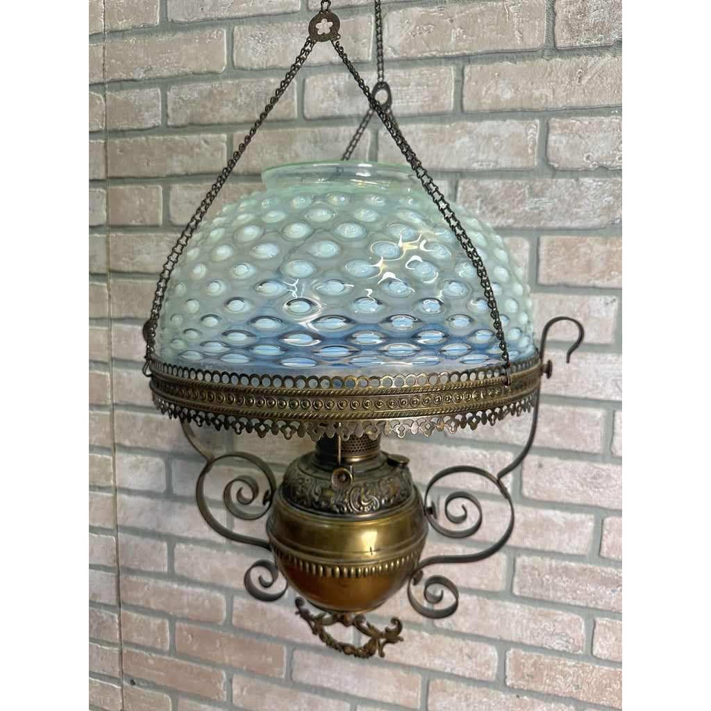 RARE Antique Victorian Blue Opalescent Shade Hanging Bradley Hubbard Oil Lamp