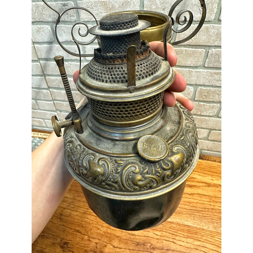 RARE Antique Victorian Blue Opalescent Shade Hanging Bradley Hubbard Oil Lamp