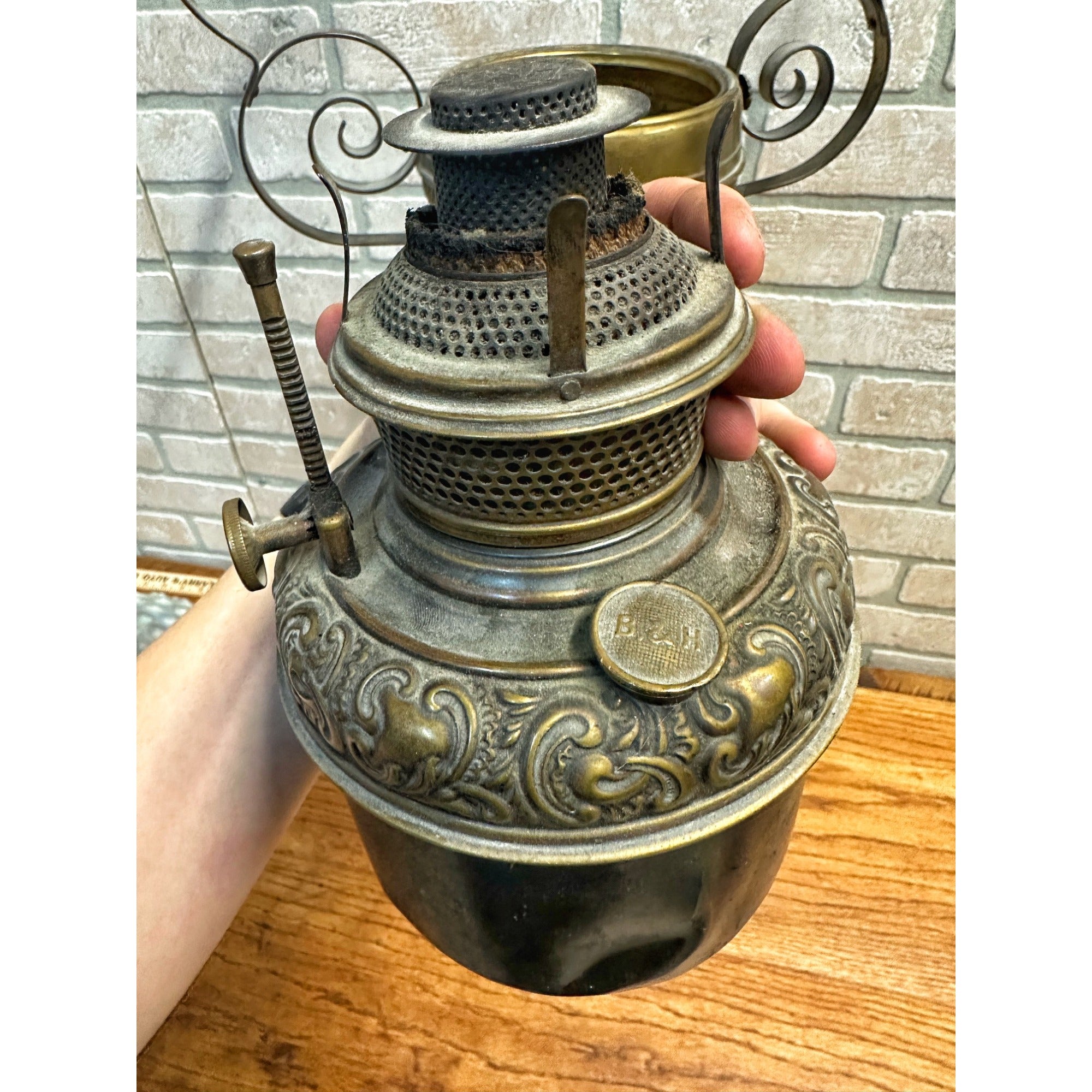 RARE Antique Victorian Blue Opalescent Shade Hanging Bradley Hubbard Oil Lamp