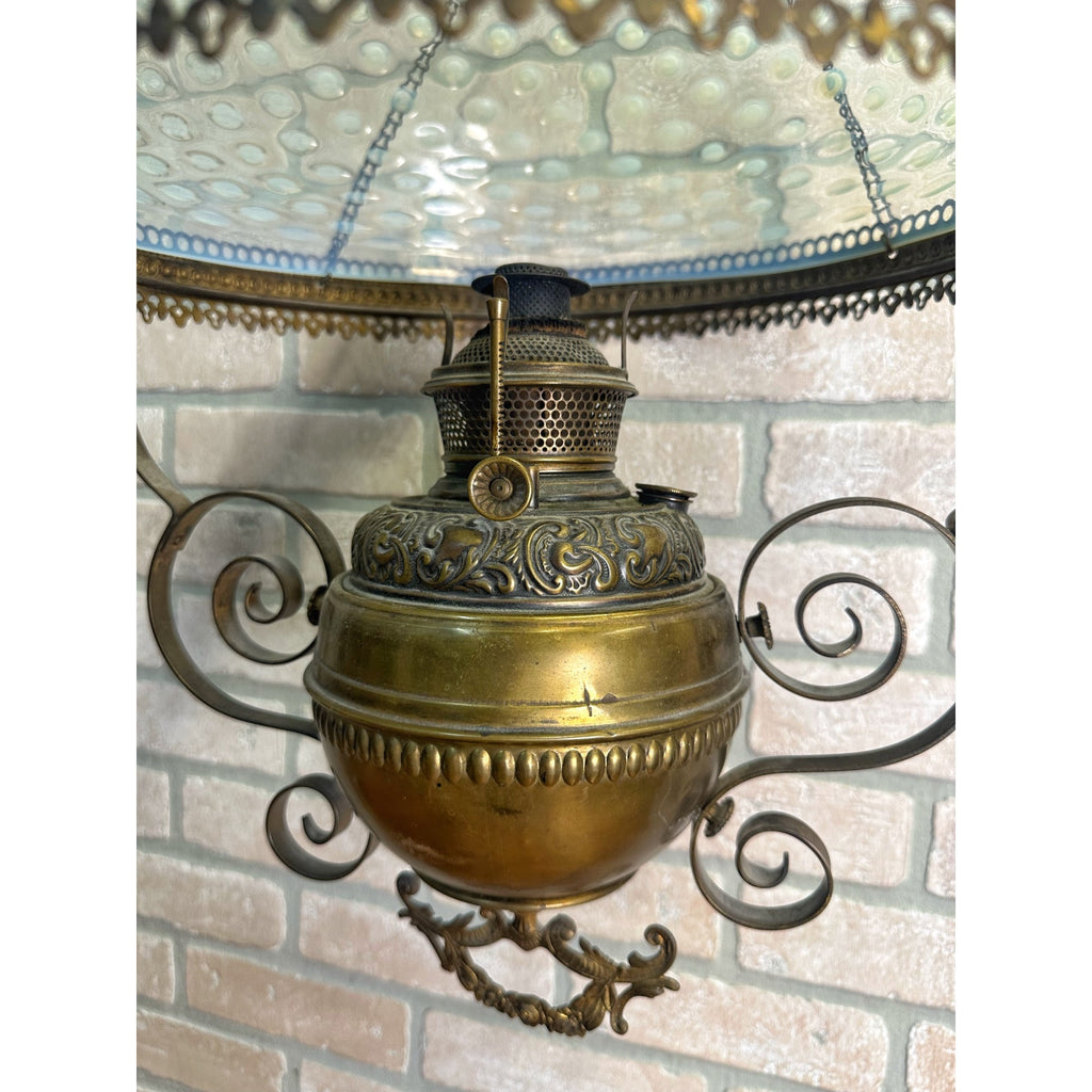 RARE Antique Victorian Blue Opalescent Shade Hanging Bradley Hubbard Oil Lamp