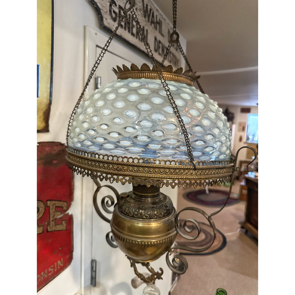 RARE Antique Victorian Blue Opalescent Shade Hanging Bradley Hubbard Oil Lamp