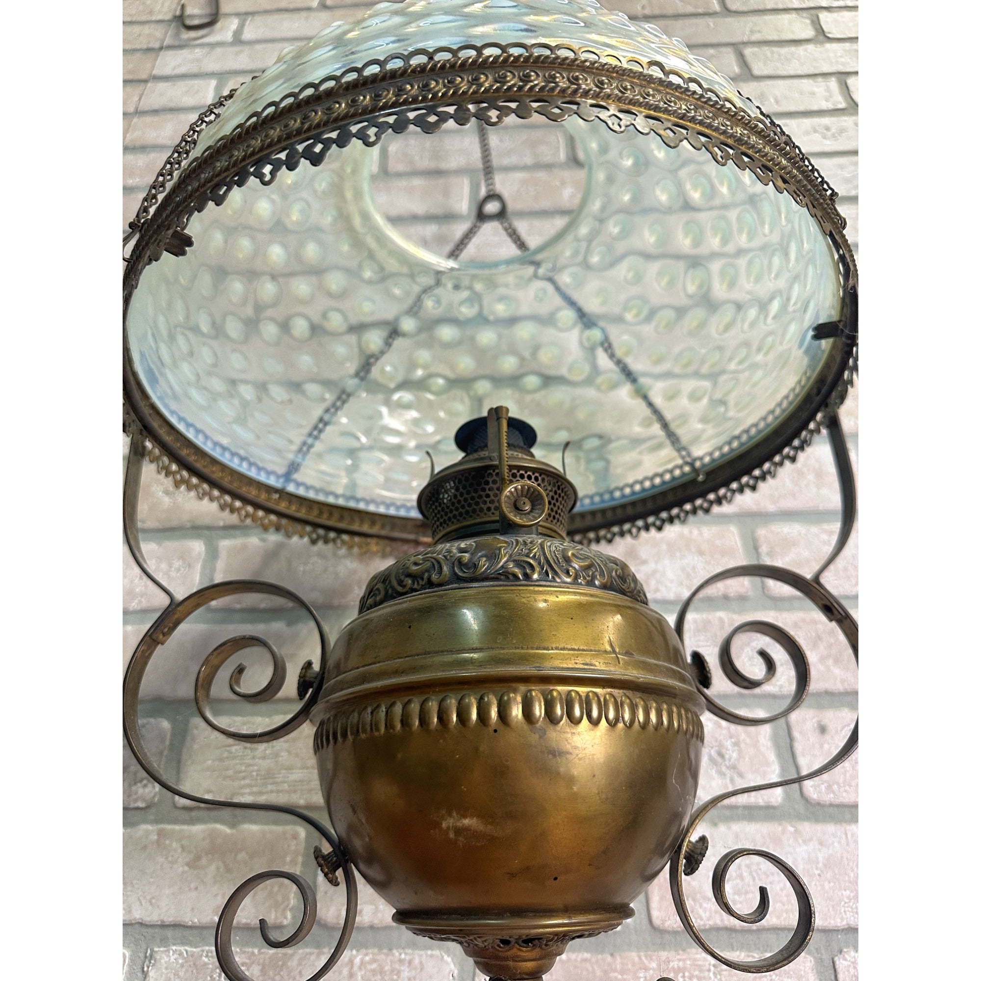 RARE Antique Victorian Blue Opalescent Shade Hanging Bradley Hubbard Oil Lamp