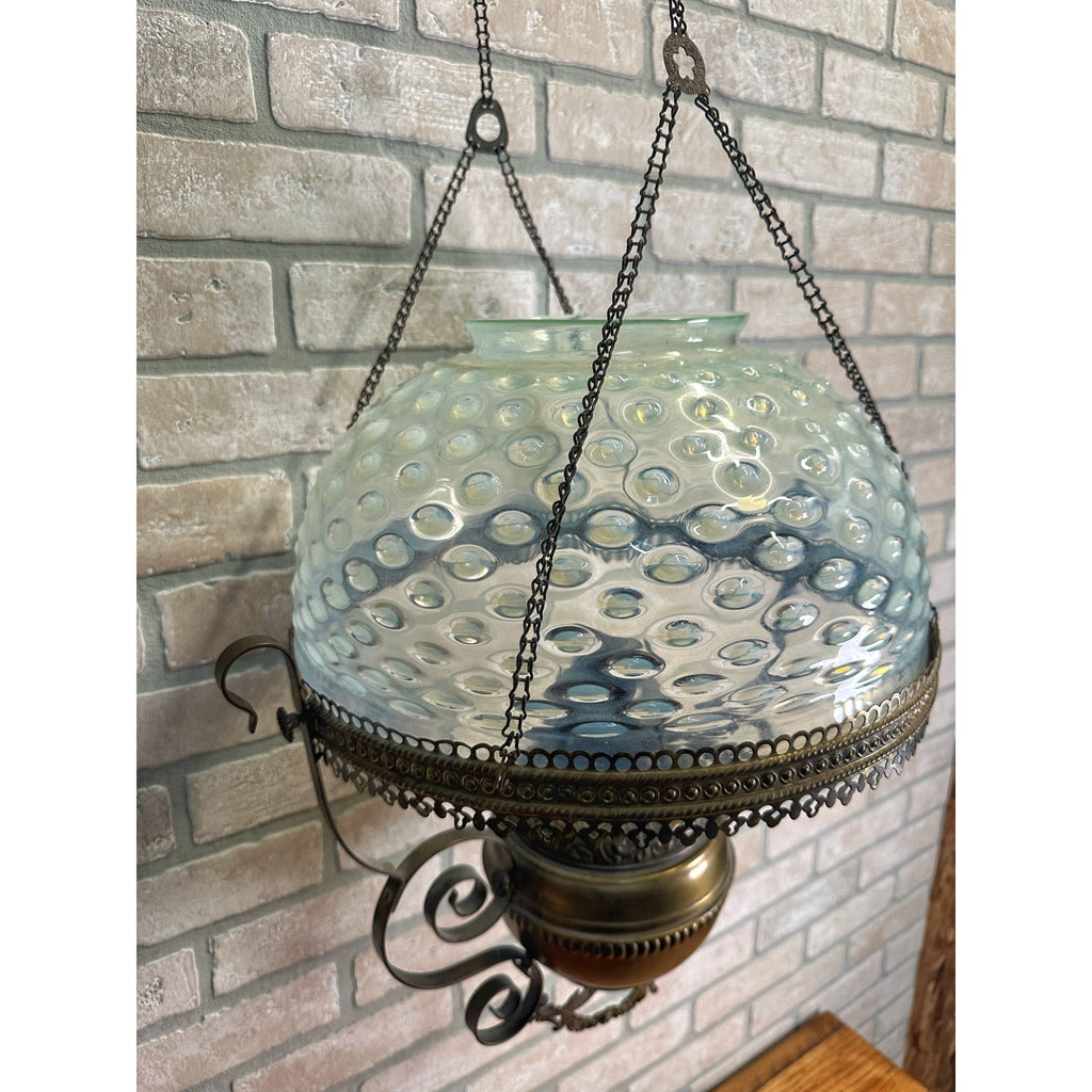 RARE Antique Victorian Blue Opalescent Shade Hanging Bradley Hubbard Oil Lamp