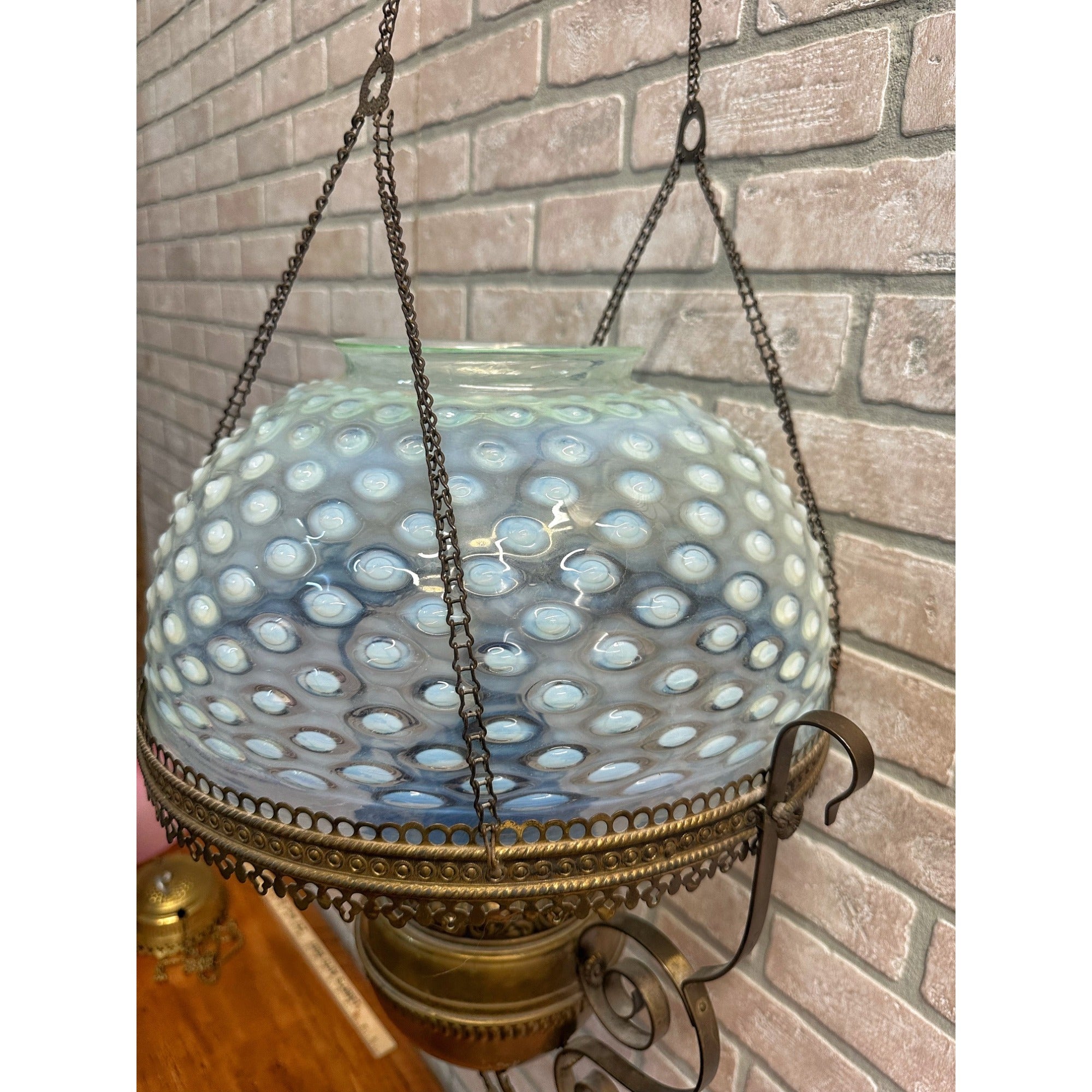 RARE Antique Victorian Blue Opalescent Shade Hanging Bradley Hubbard Oil Lamp