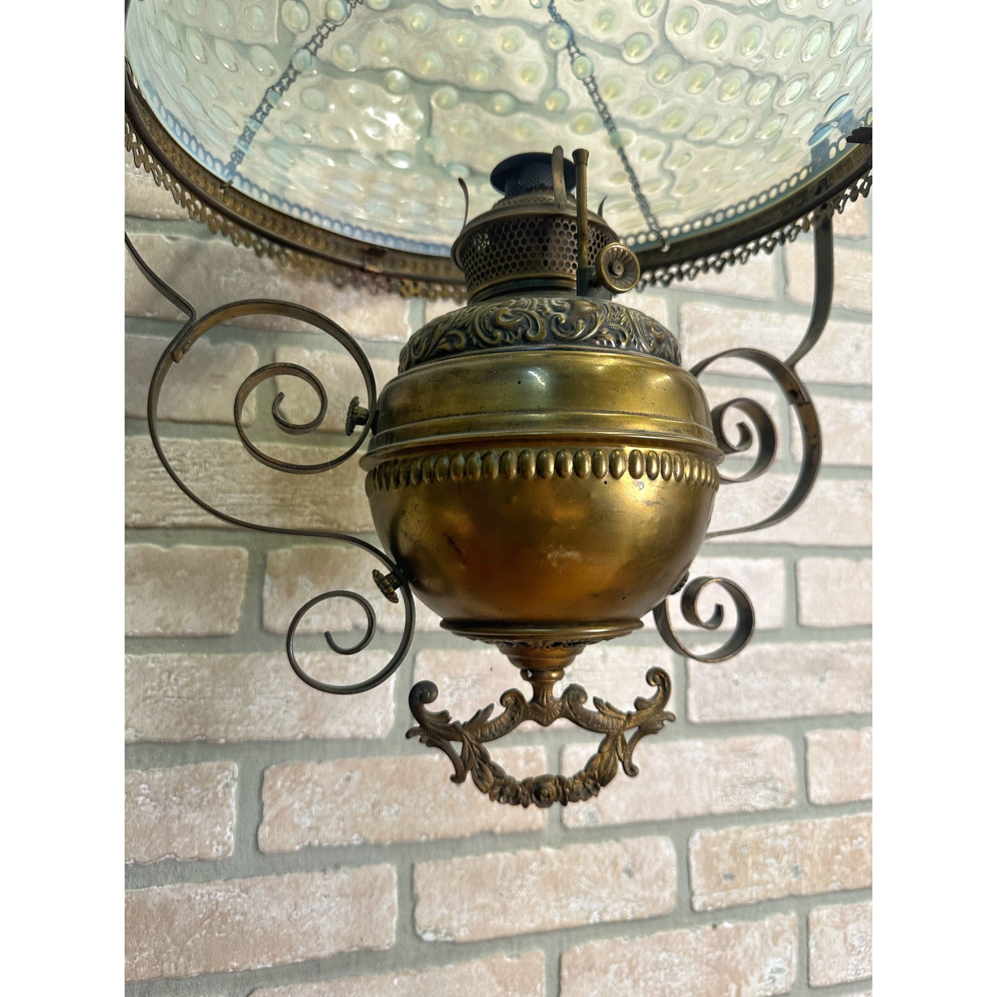 RARE Antique Victorian Blue Opalescent Shade Hanging Bradley Hubbard Oil Lamp