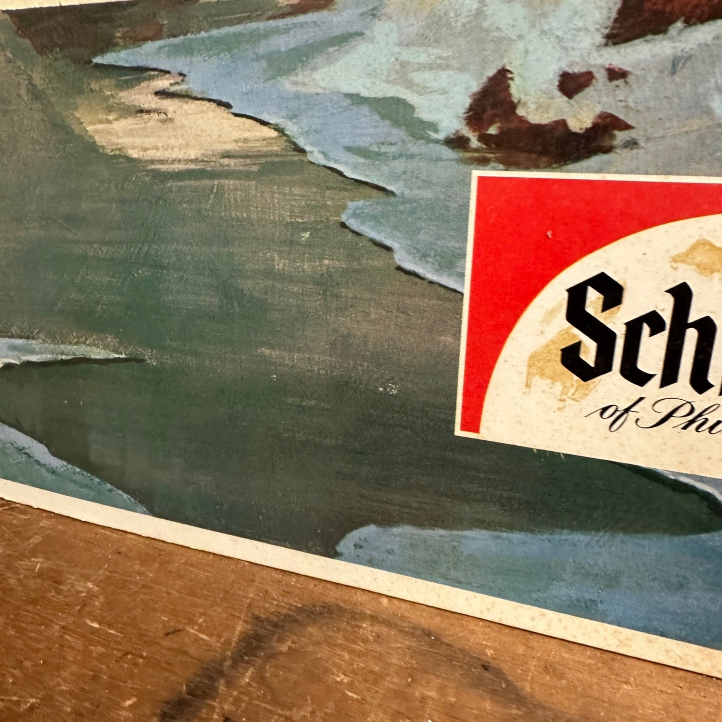 Vintage Schmidt Beer Philidelphia Winter Covered Bridge Scene Cardboard Sign 33"x22"