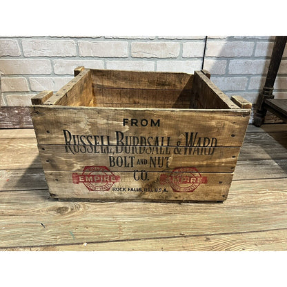 Vintage Russell, Burdsall, & Ward Bolt And Nut Co. Rock Falls, IL Wooden Crate