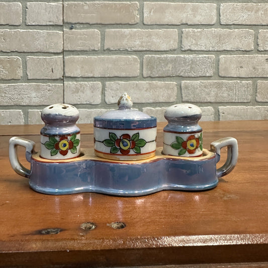 Vintage 1930s Takito Japan Lusterware Salt & Pepper & Mustard Set Floral