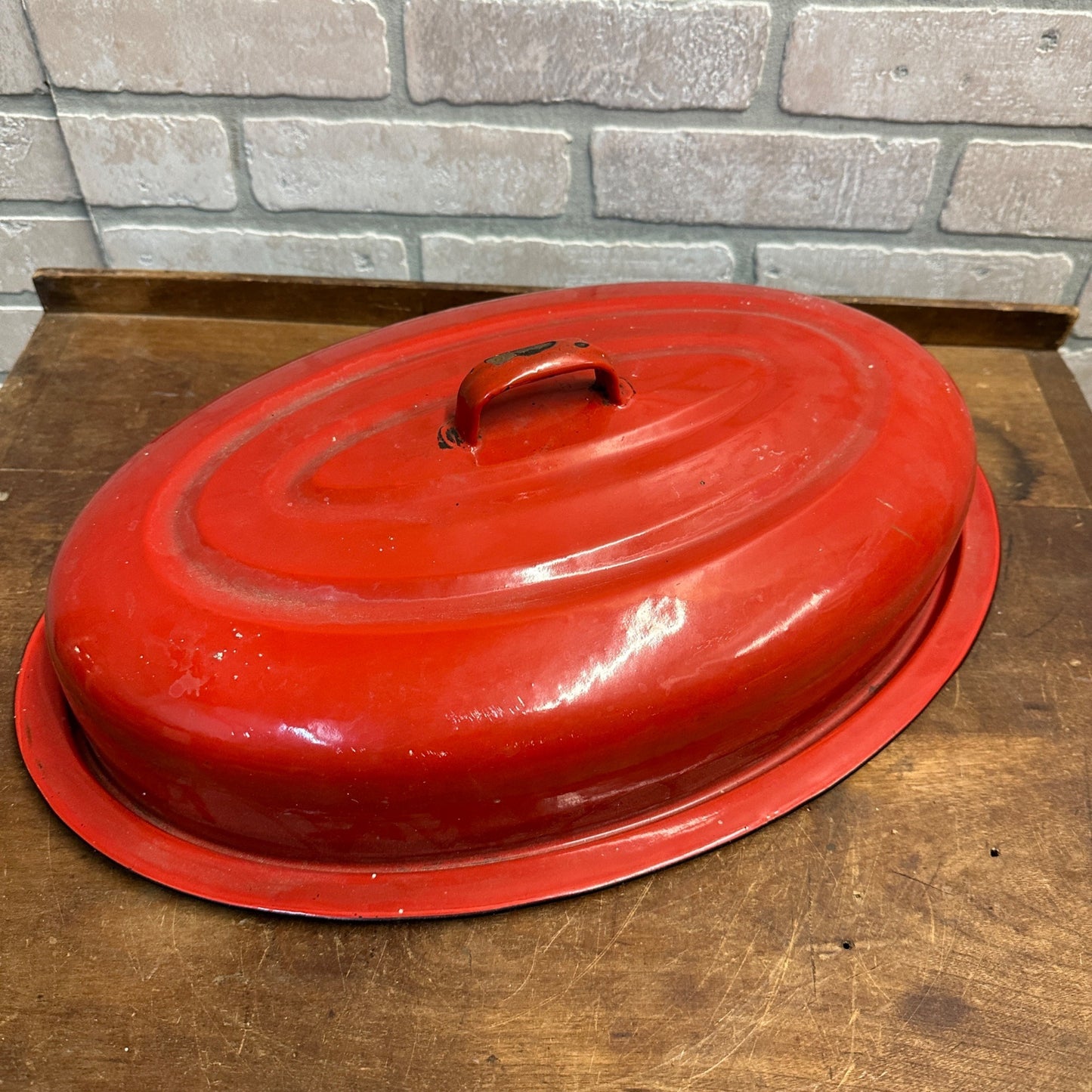 Antique Vintage Red & Black  Enamelware Roaster Lid Replacement