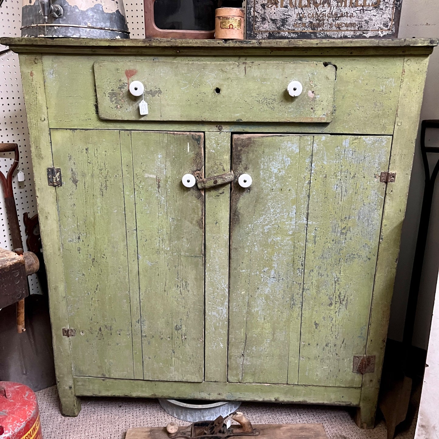 Antique Primitive Green Apple Tall Wooden Jelly Cabinet Pantry Cupboard
