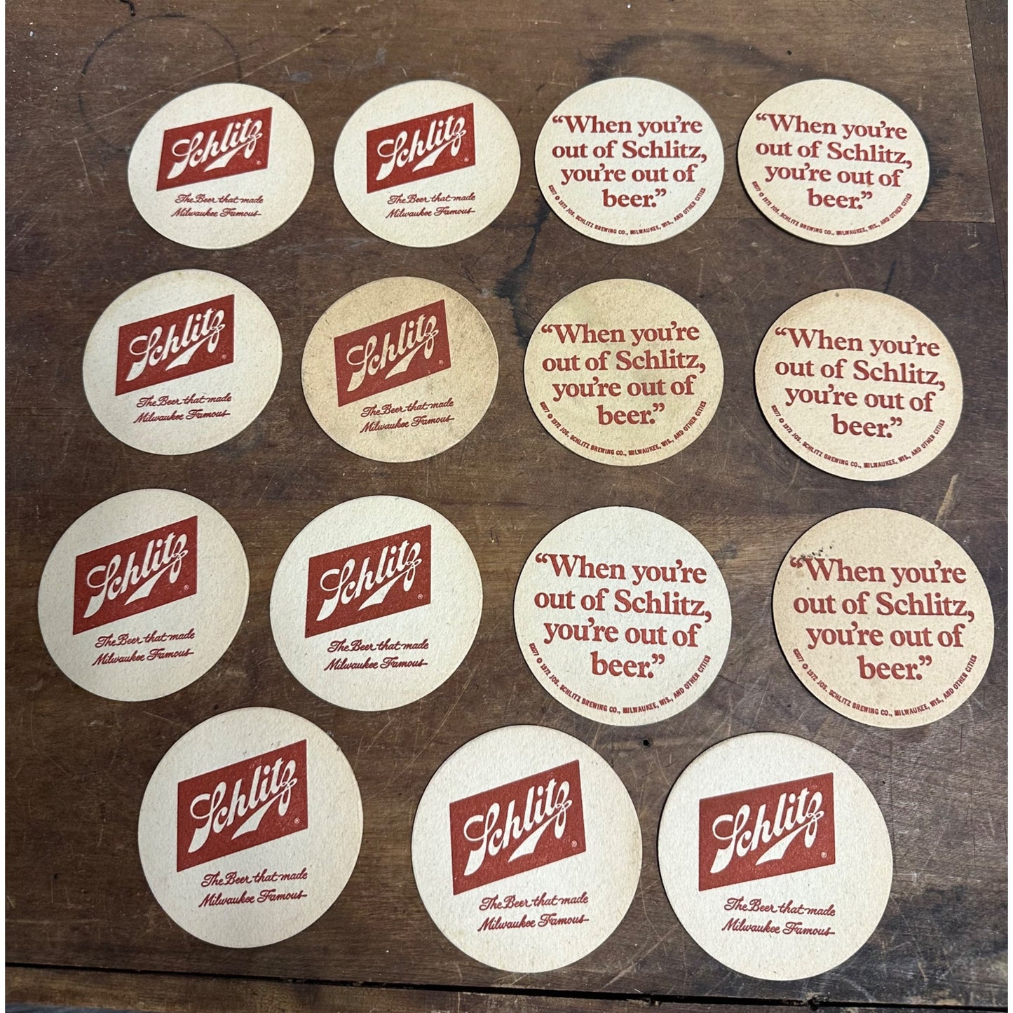 Vintage 1972 Lot (15) Schlitz Beer Advertising Bar Coasters "Out of Schlitz"