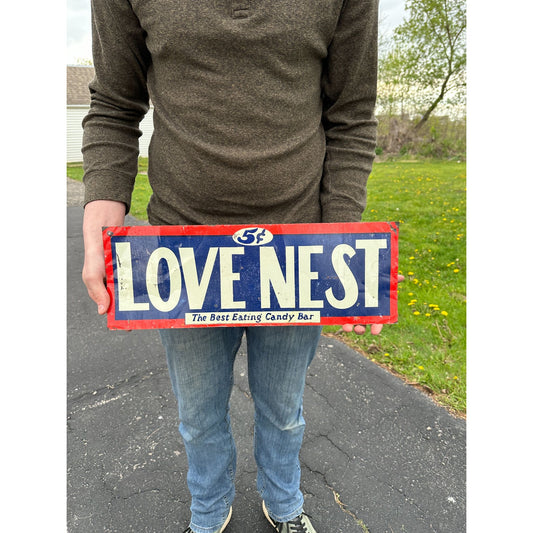 RARE Vintage 1930s Love Nest Candy Bar Advertising Tin Sign Tin Tacker