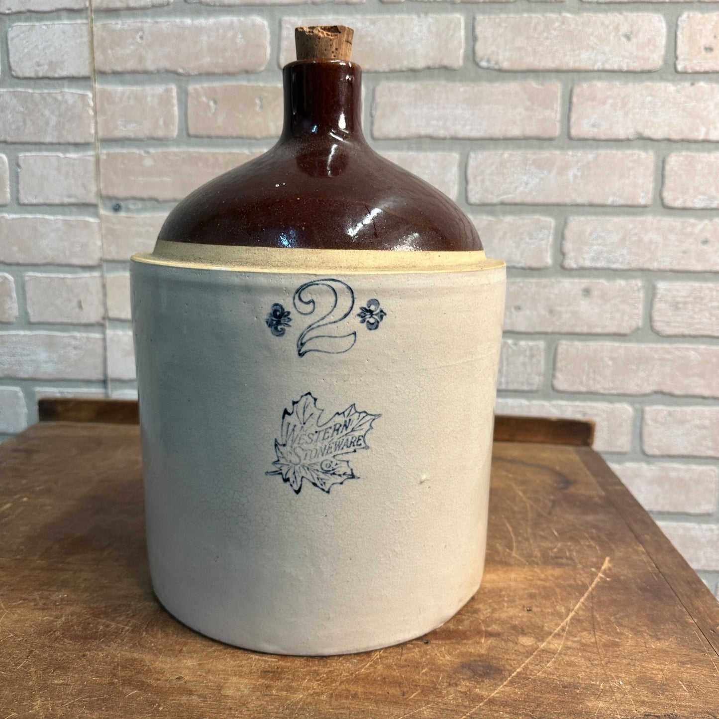 Antique Scarce Western Stoneware Maple Leaf Pottery Stoneware 2 Gallon Jug #2