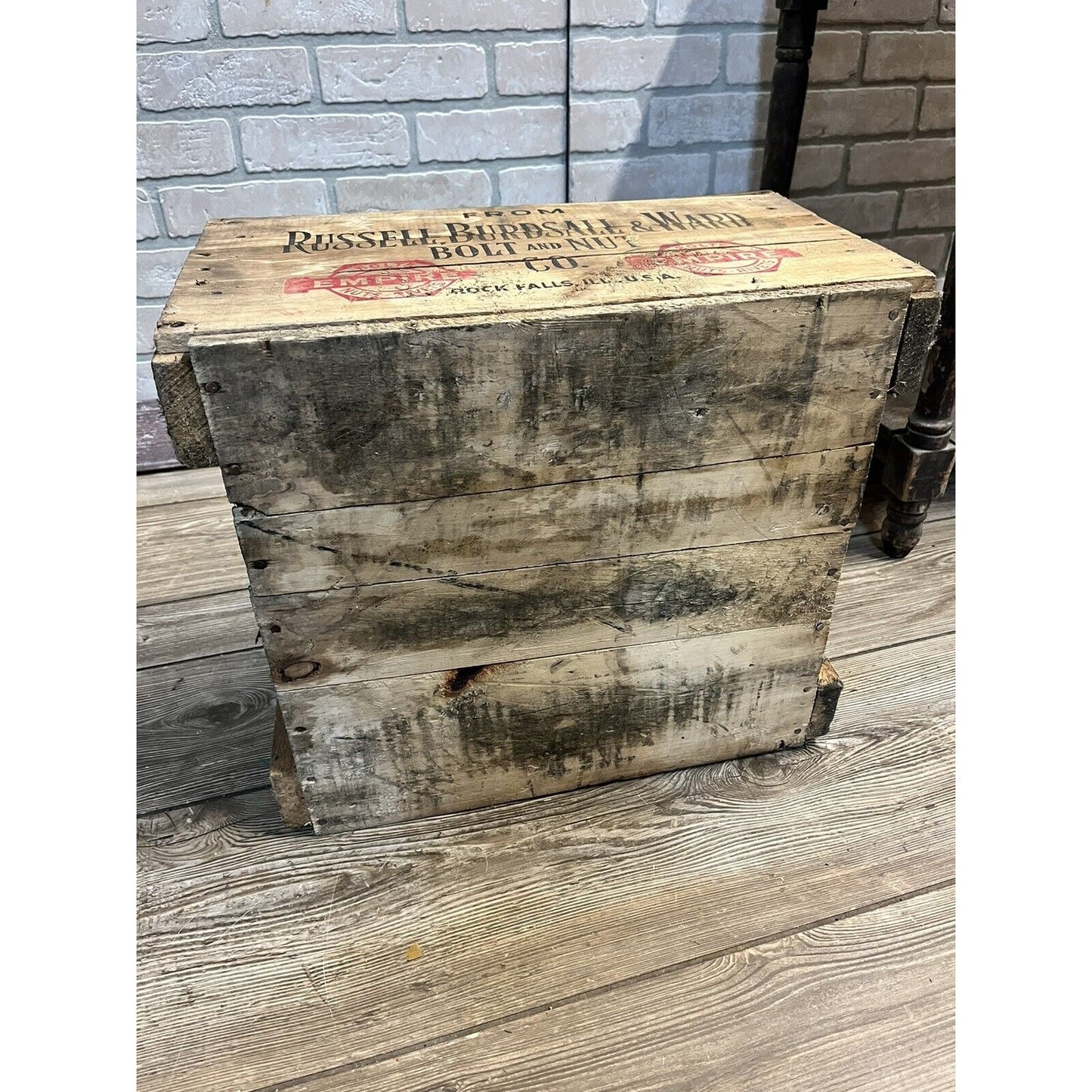 Vintage Russell, Burdsall, & Ward Bolt And Nut Co. Rock Falls, IL Wooden Crate