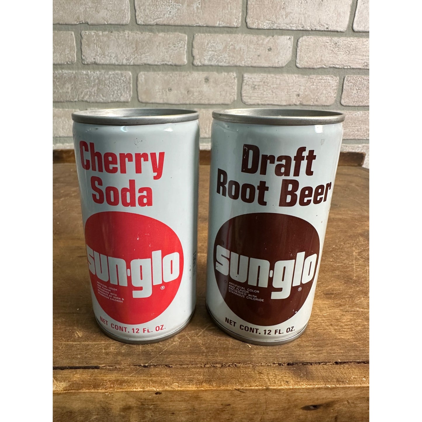 Vintage Sun-Glo Soda Pop Cans (2) Cherry Root Beer Steel Pull Tab Flat Top