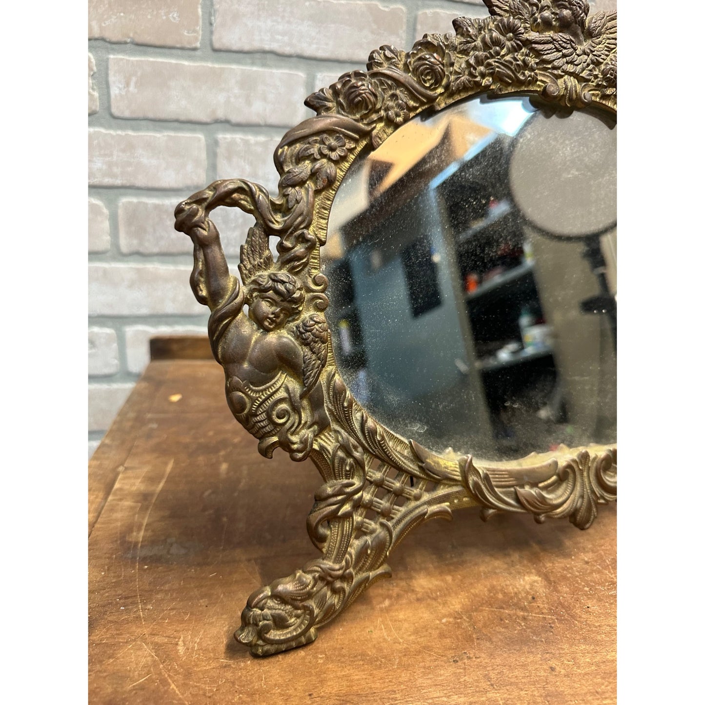 Antique Vintage Cast Iron Victorian Dresser Vanity Mirror w/ Easel Back Cherubs