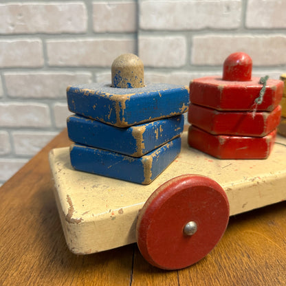 VINTAGE PLAYSKOOL CLASSIC PULL BEHIND TOY - WOODEN WAGON W WOOD SHAPES & DOWELS