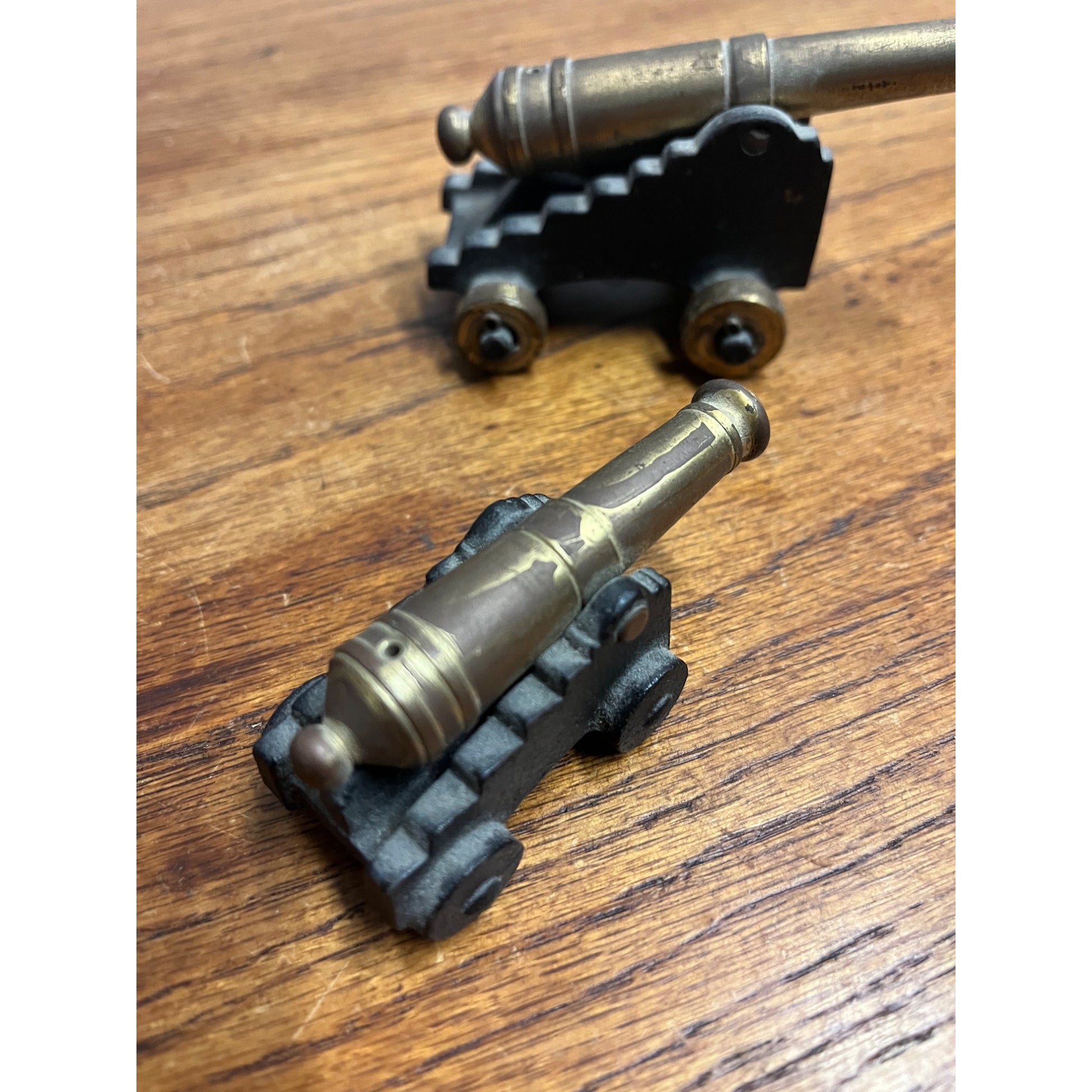 Vintage Brass & Cast Iron Miniature Cannon MF CO Toys 4.5" & 3"