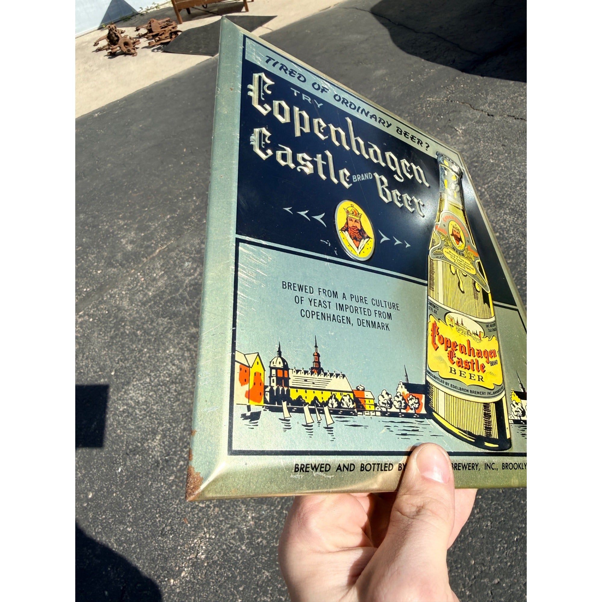 Vintage Copenhagen Castle Beer Tin Sign Edelbrew Brewery Brooklyn NY TOC