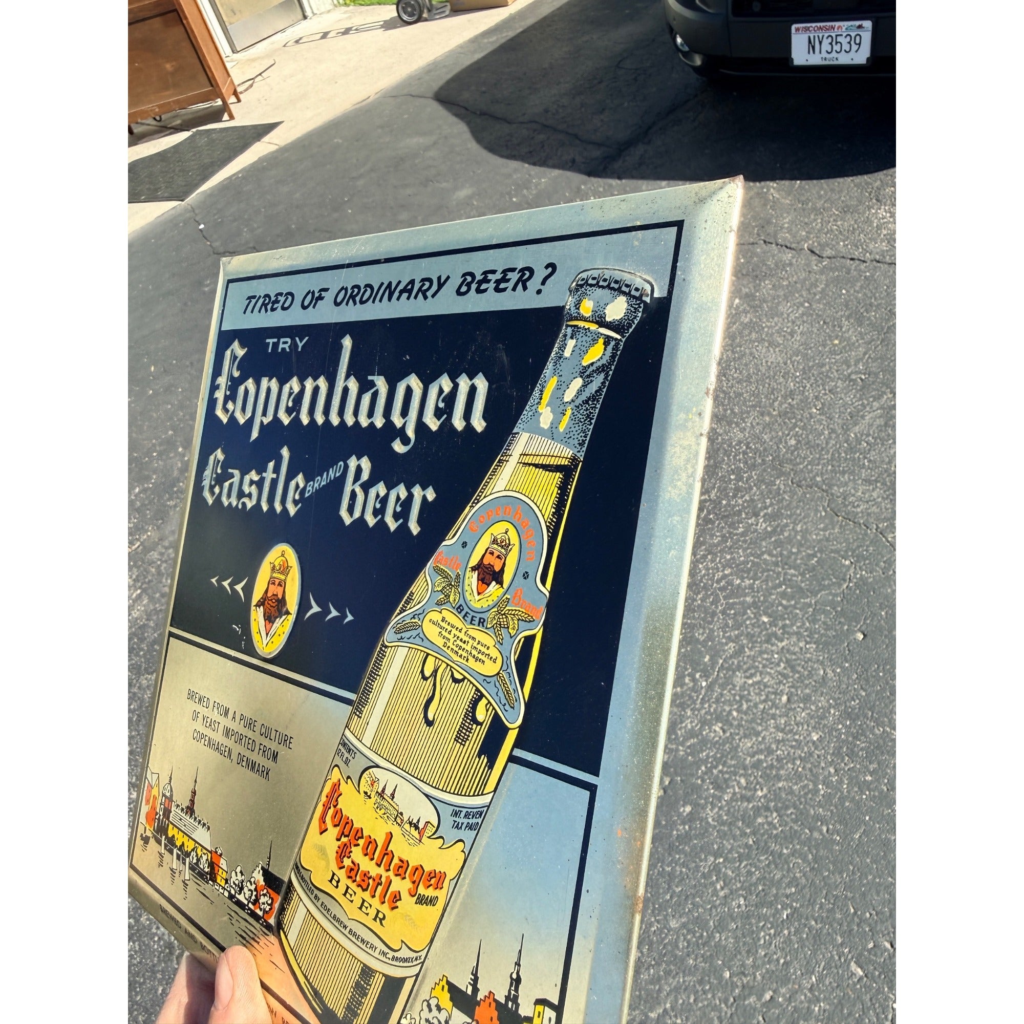 Vintage Copenhagen Castle Beer Tin Sign Edelbrew Brewery Brooklyn NY TOC