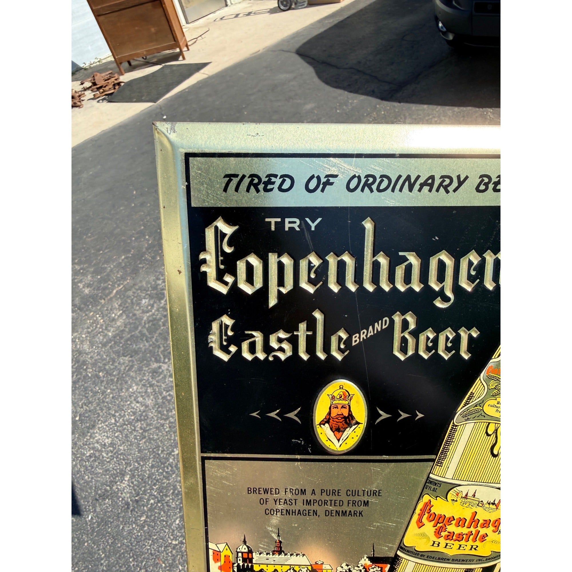 Vintage Copenhagen Castle Beer Tin Sign Edelbrew Brewery Brooklyn NY TOC