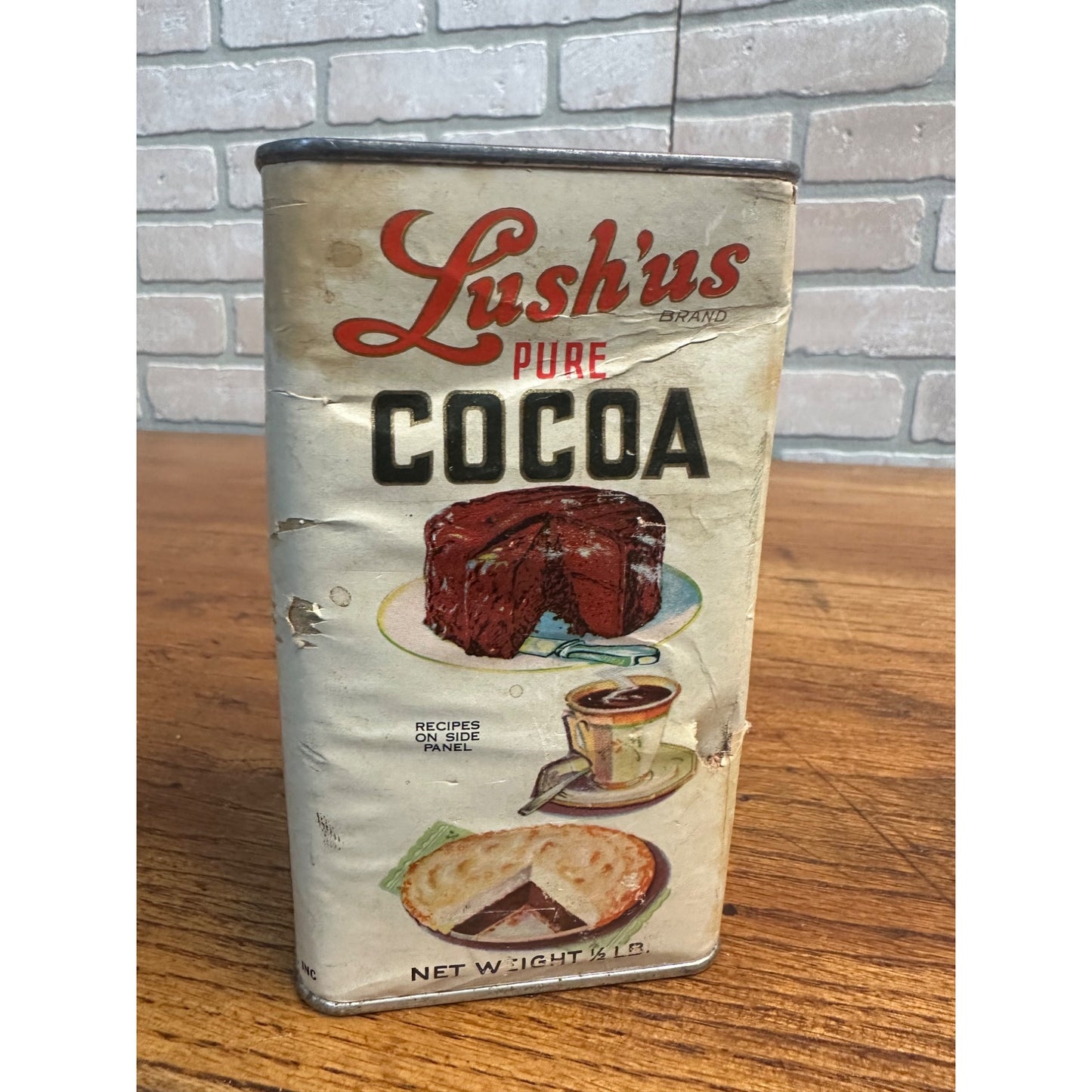 Vintage 1920s Lush'Us Pure Cocoa Advertising Tin Kitchen Chicago 1/2lb Label