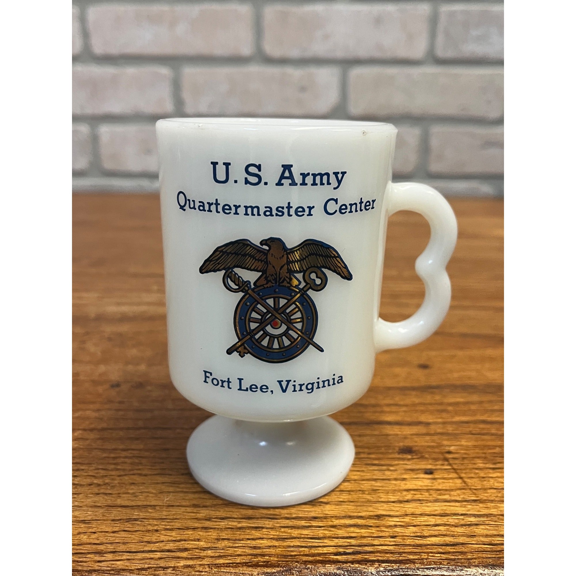 Vintage US Army Quartermaster Center Fort Lee Virginia White Milk Glass Mug 70s