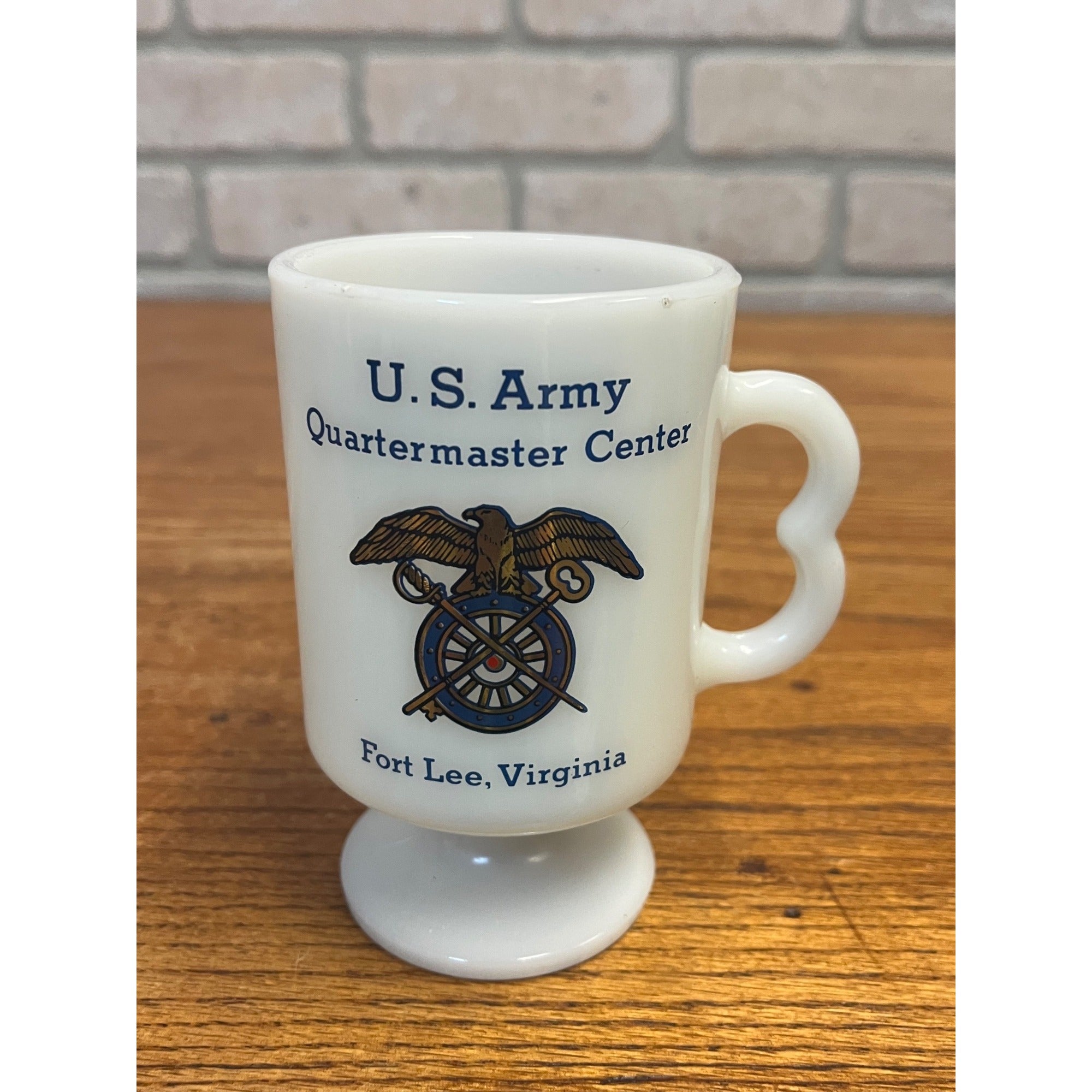 Vintage US Army Quartermaster Center Fort Lee Virginia White Milk Glass Mug 70s
