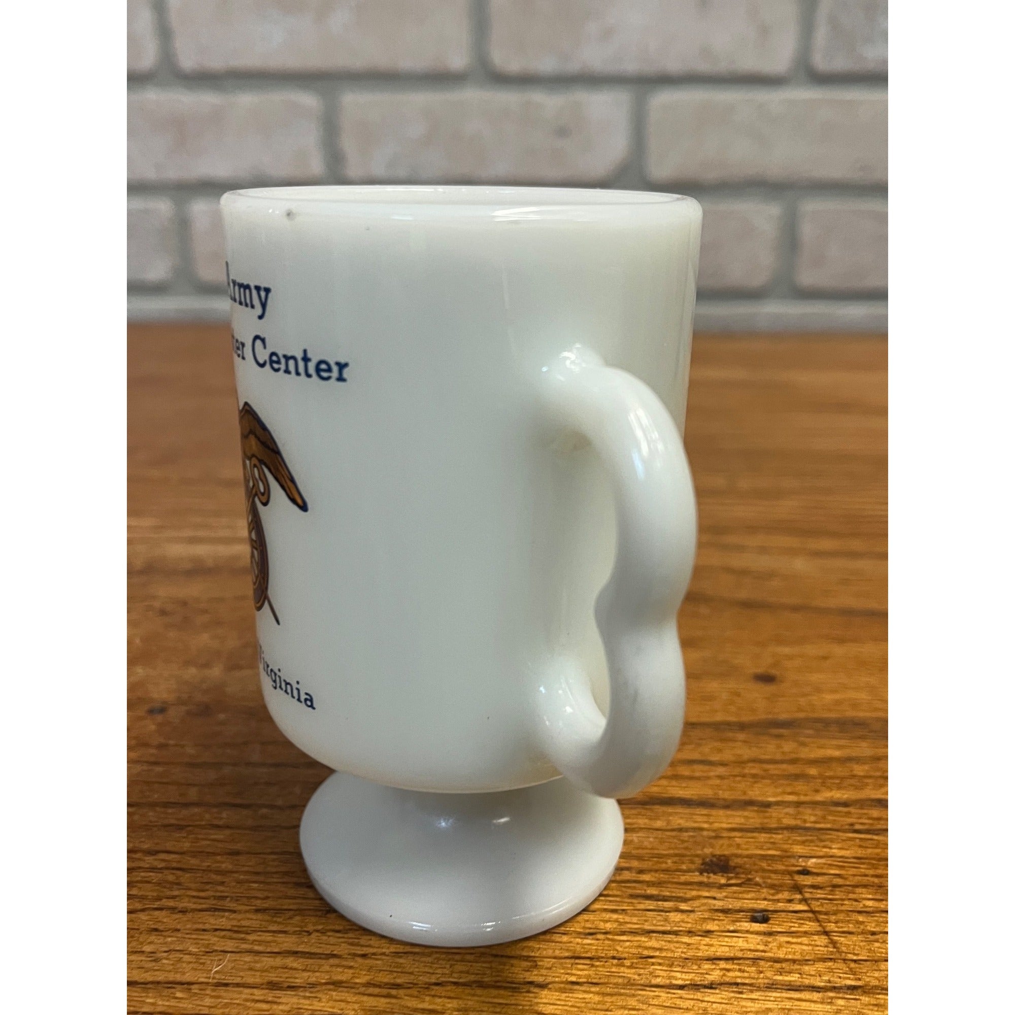 Vintage US Army Quartermaster Center Fort Lee Virginia White Milk Glass Mug 70s