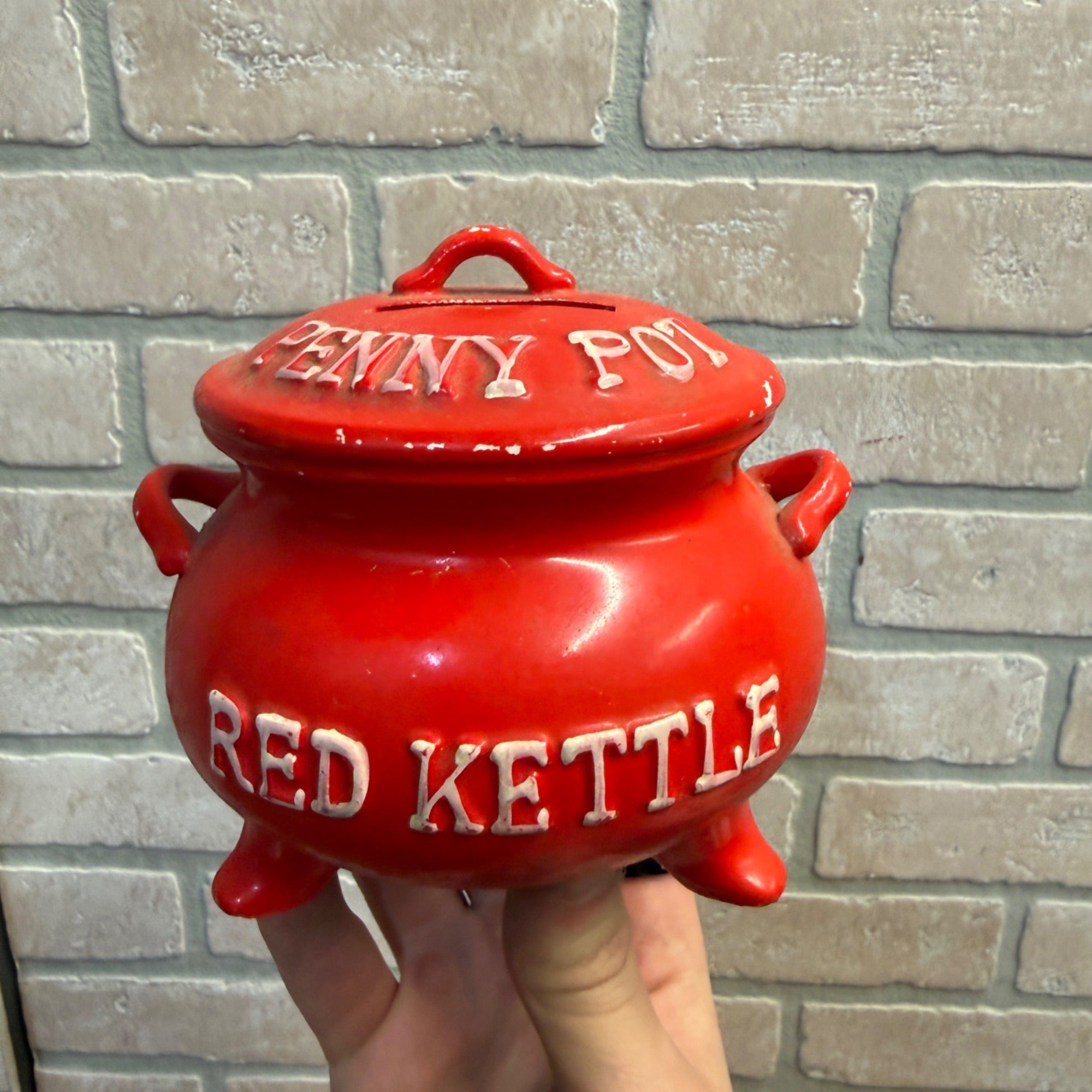 Vintage Lego Japan Red Kettle Penny Pot Coin Bank