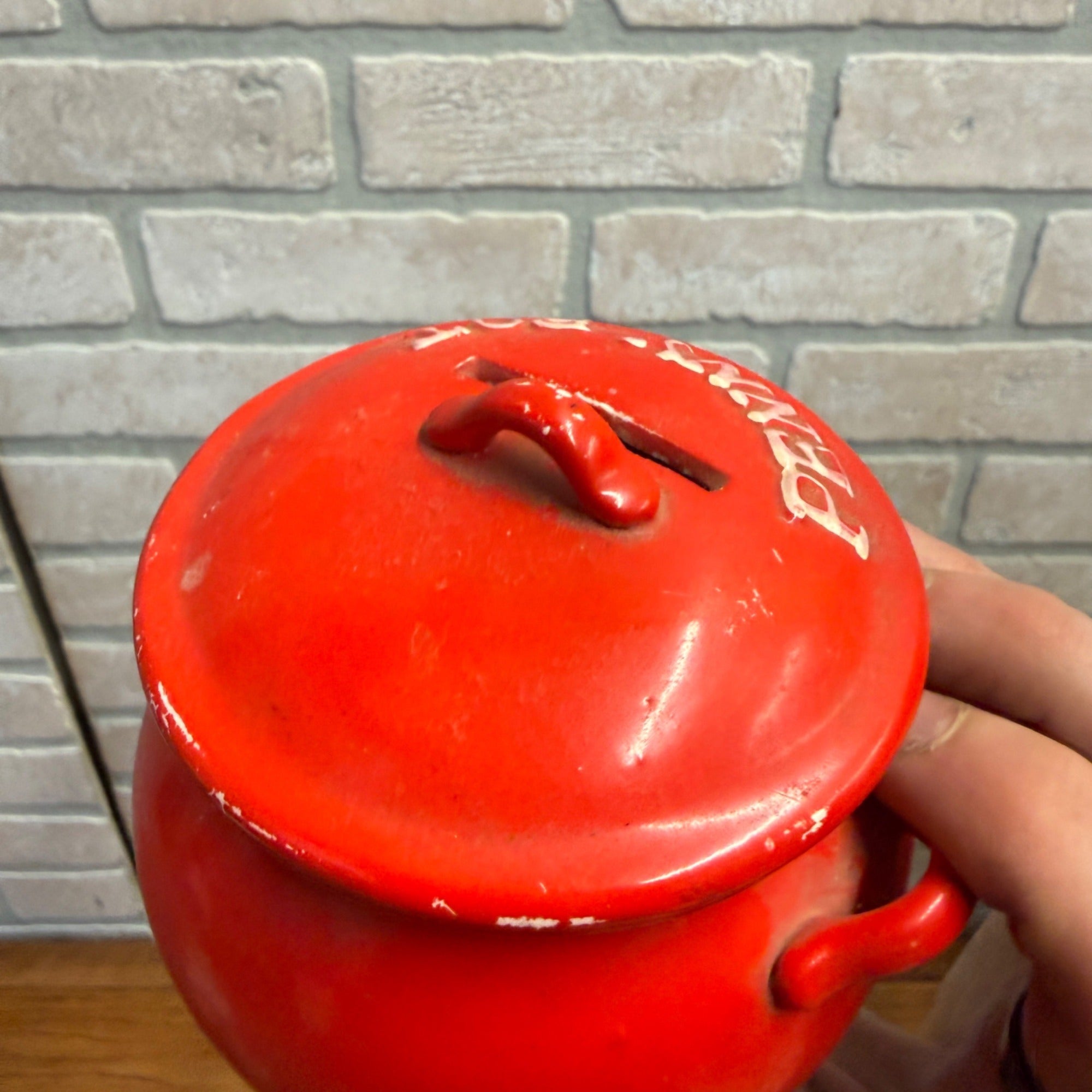 Vintage Lego Japan Red Kettle Penny Pot Coin Bank