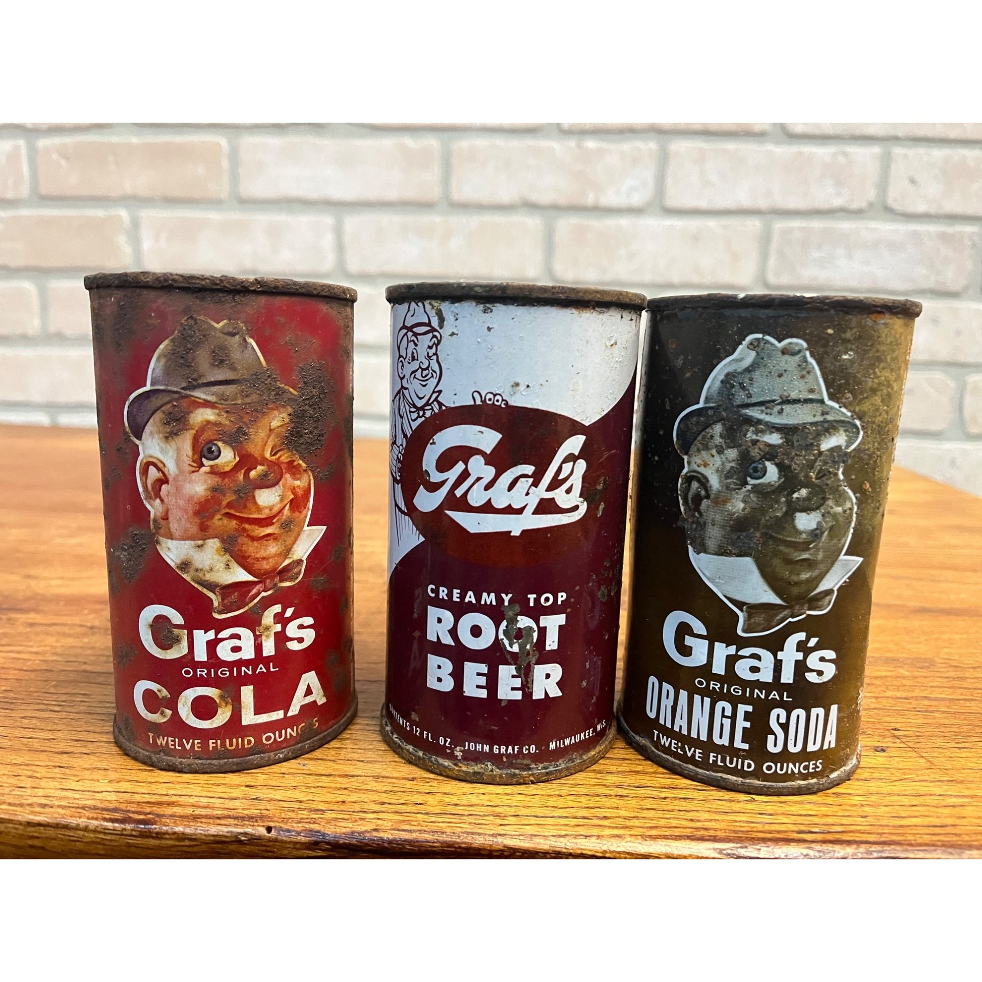 Vintage Lot (3) Graf's Soda Flat Top Cans Milwaukee Wis Orange, Cola, Root Beer