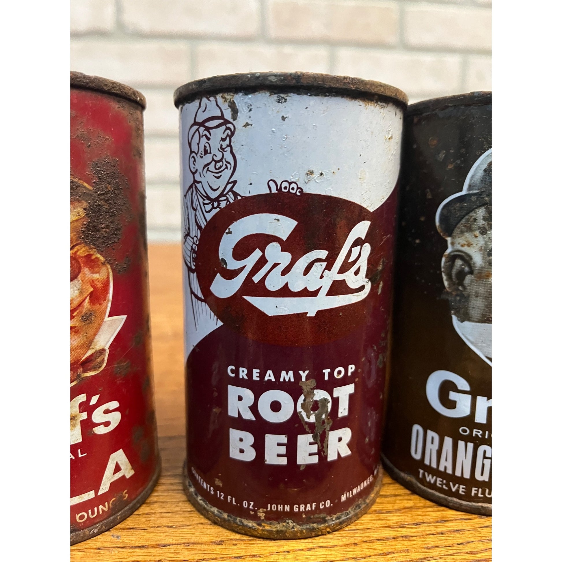 Vintage Lot (3) Graf's Soda Flat Top Cans Milwaukee Wis Orange, Cola, Root Beer