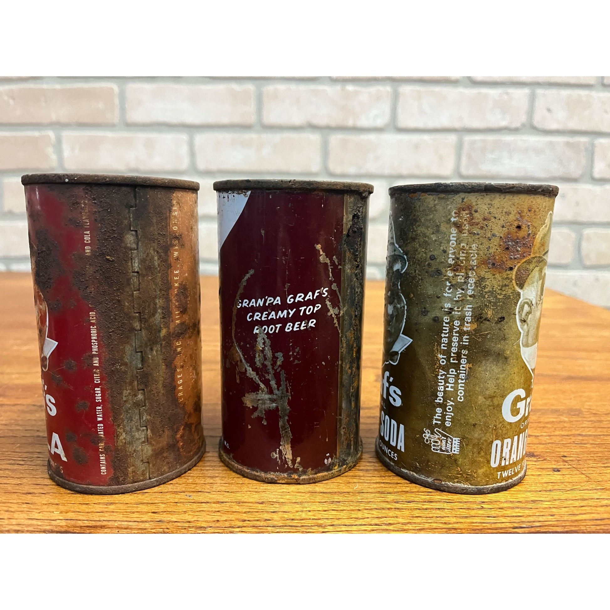 Vintage Lot (3) Graf's Soda Flat Top Cans Milwaukee Wis Orange, Cola, Root Beer