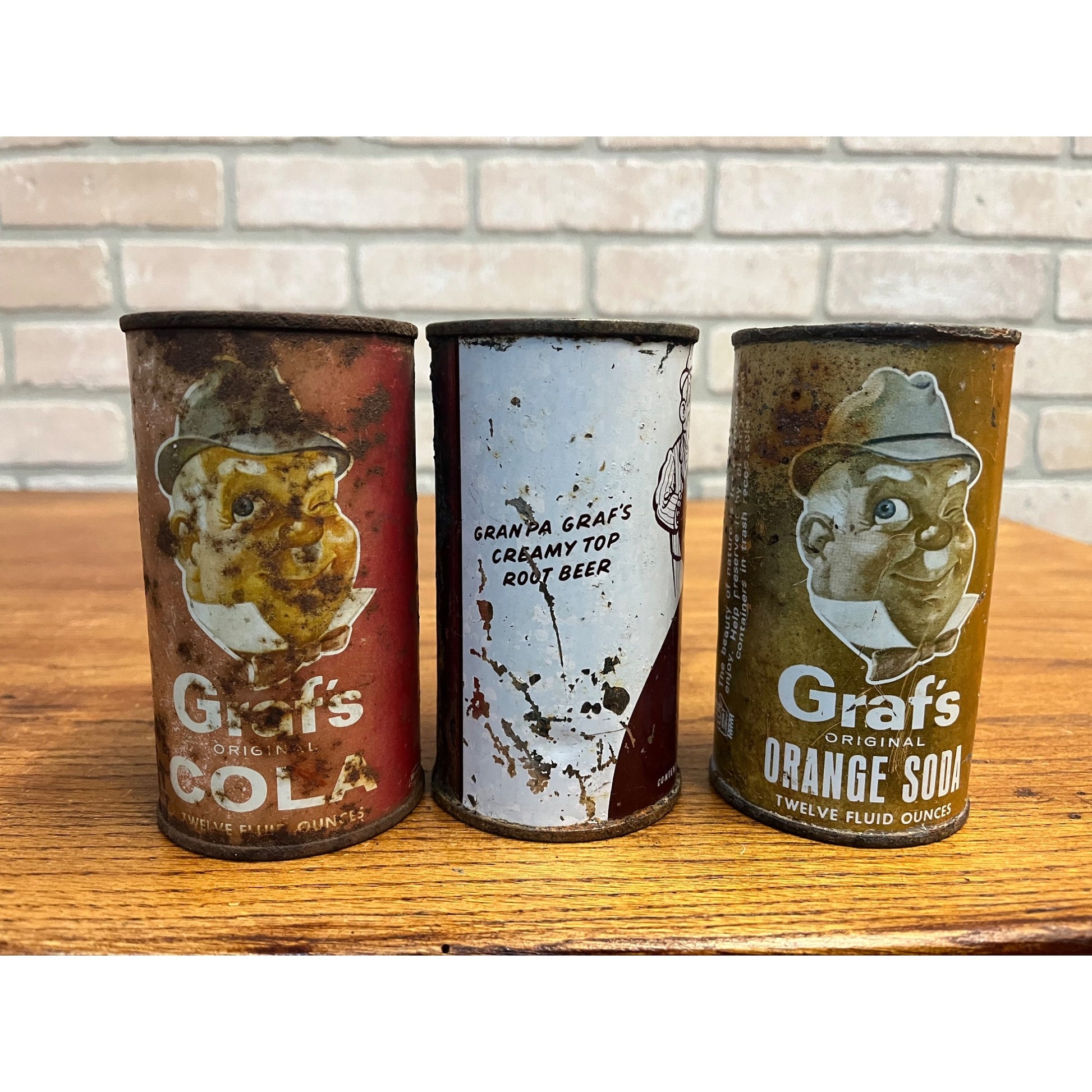 Vintage Lot (3) Graf's Soda Flat Top Cans Milwaukee Wis Orange, Cola, Root Beer