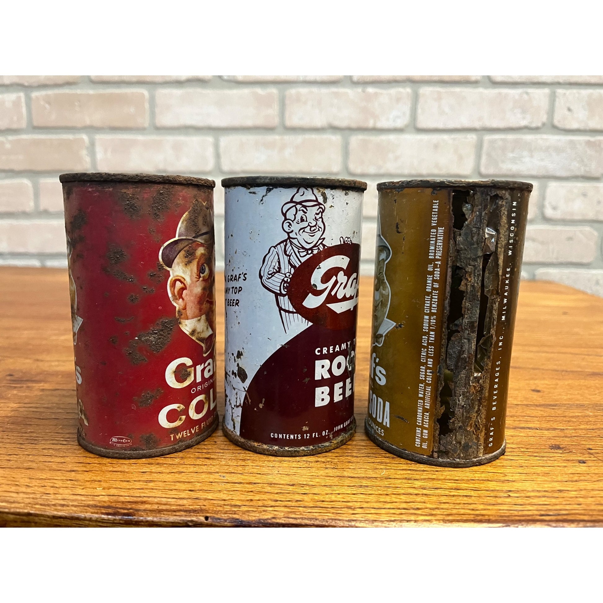 Vintage Lot (3) Graf's Soda Flat Top Cans Milwaukee Wis Orange, Cola, Root Beer