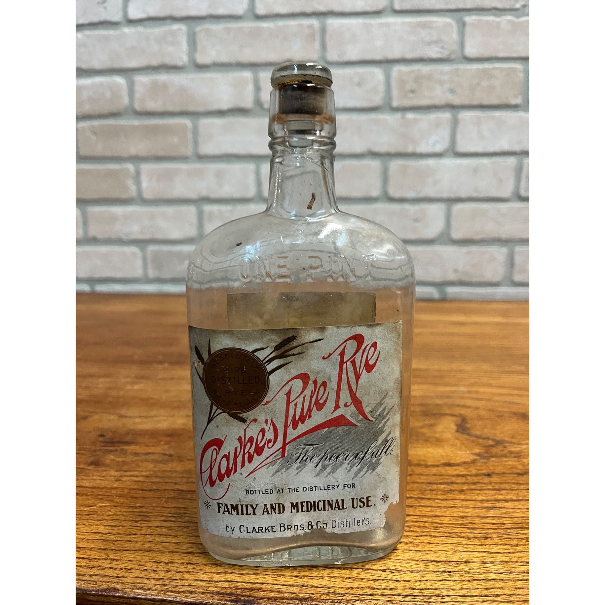 Antique c1920s Clarke Bros & Co. Chicago Pure Rye Whiskey Flask Bottle w/ Labels