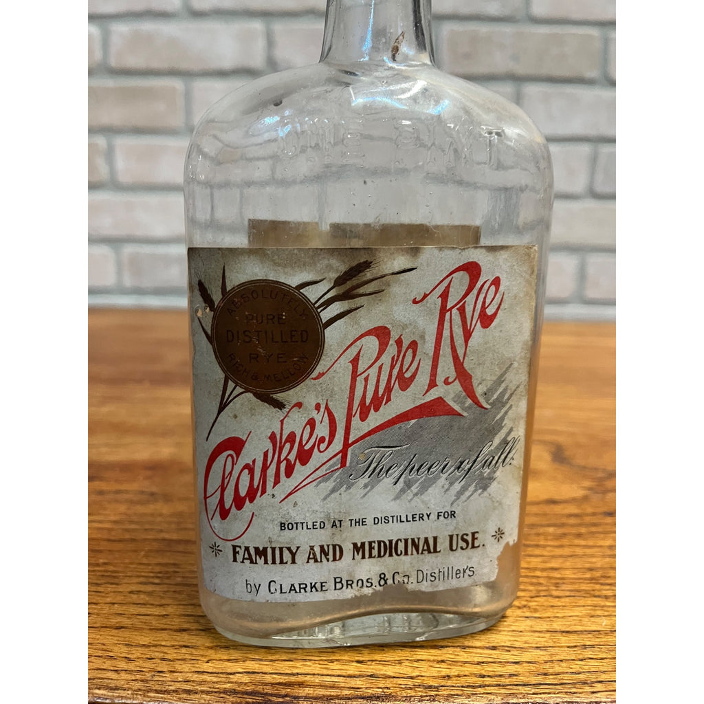 Antique c1920s Clarke Bros & Co. Chicago Pure Rye Whiskey Flask Bottle w/ Labels