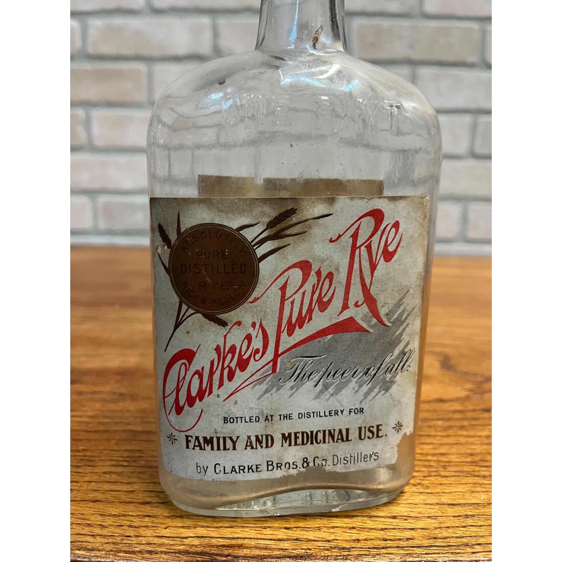 Antique c1920s Clarke Bros & Co. Chicago Pure Rye Whiskey Flask Bottle w/ Labels
