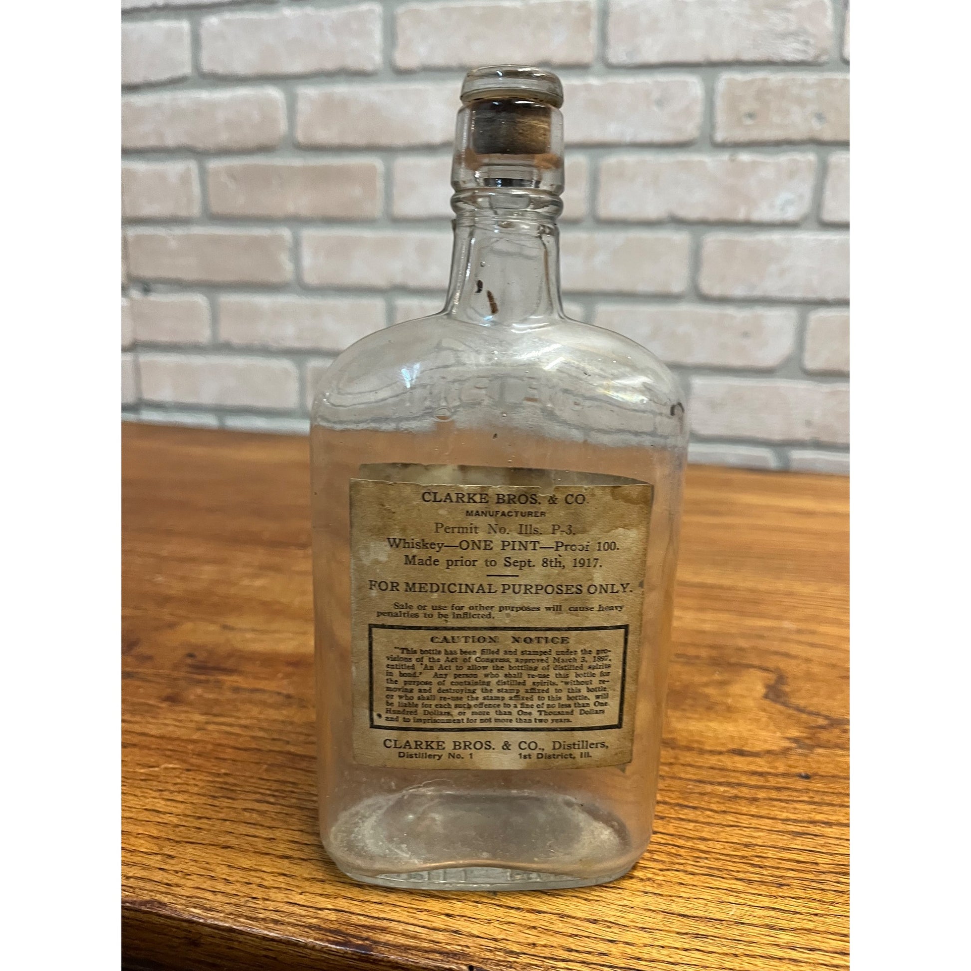 Antique c1920s Clarke Bros & Co. Chicago Pure Rye Whiskey Flask Bottle w/ Labels